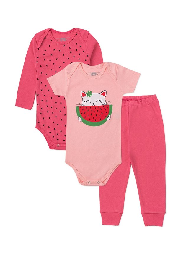 KIT BODY BEBÊ 3 PEÇAS INFANTIL GATINHA MELANCIA LALUNA ROSA