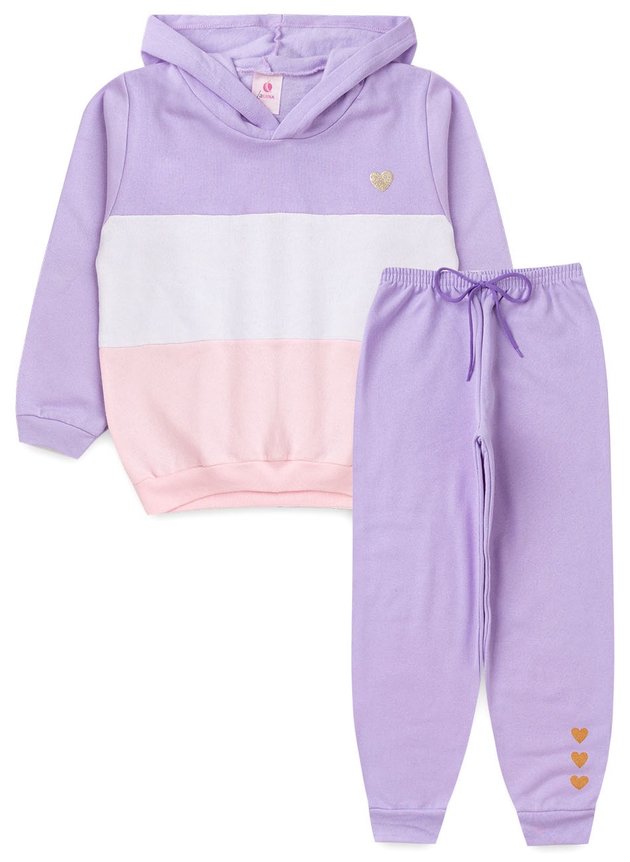 Conjunto Infantil Feminino Moletom C/Capuz Recorte Coração Lilás 0015