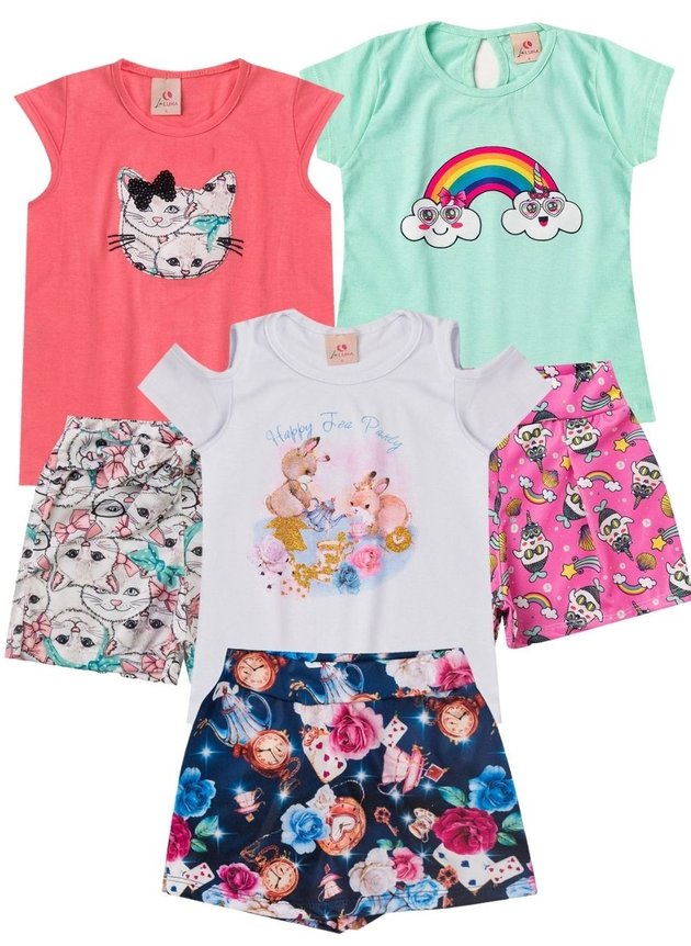 Kit 3 Conjunto Infantil Manga Curta Menina