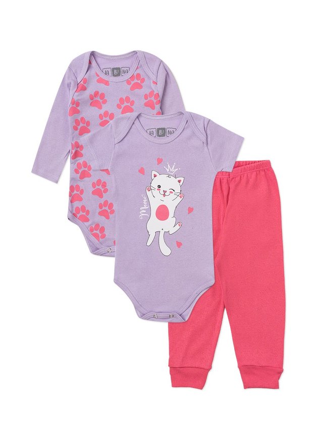 KIT BODY BEBÊ 3 PEÇAS INFANTIL RIBANA GATINHA LALUNA LILÁS