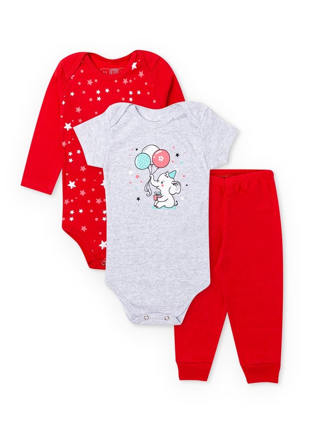 KIT BODY BEBÊ 3 PEÇAS INFANTIL ELEFANTE LALUNA VERMELHO