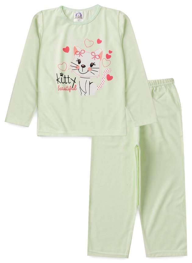 Pijama Infantil Manga Longa Feminino Gatinha Kitty Verde 103 - Jucatel